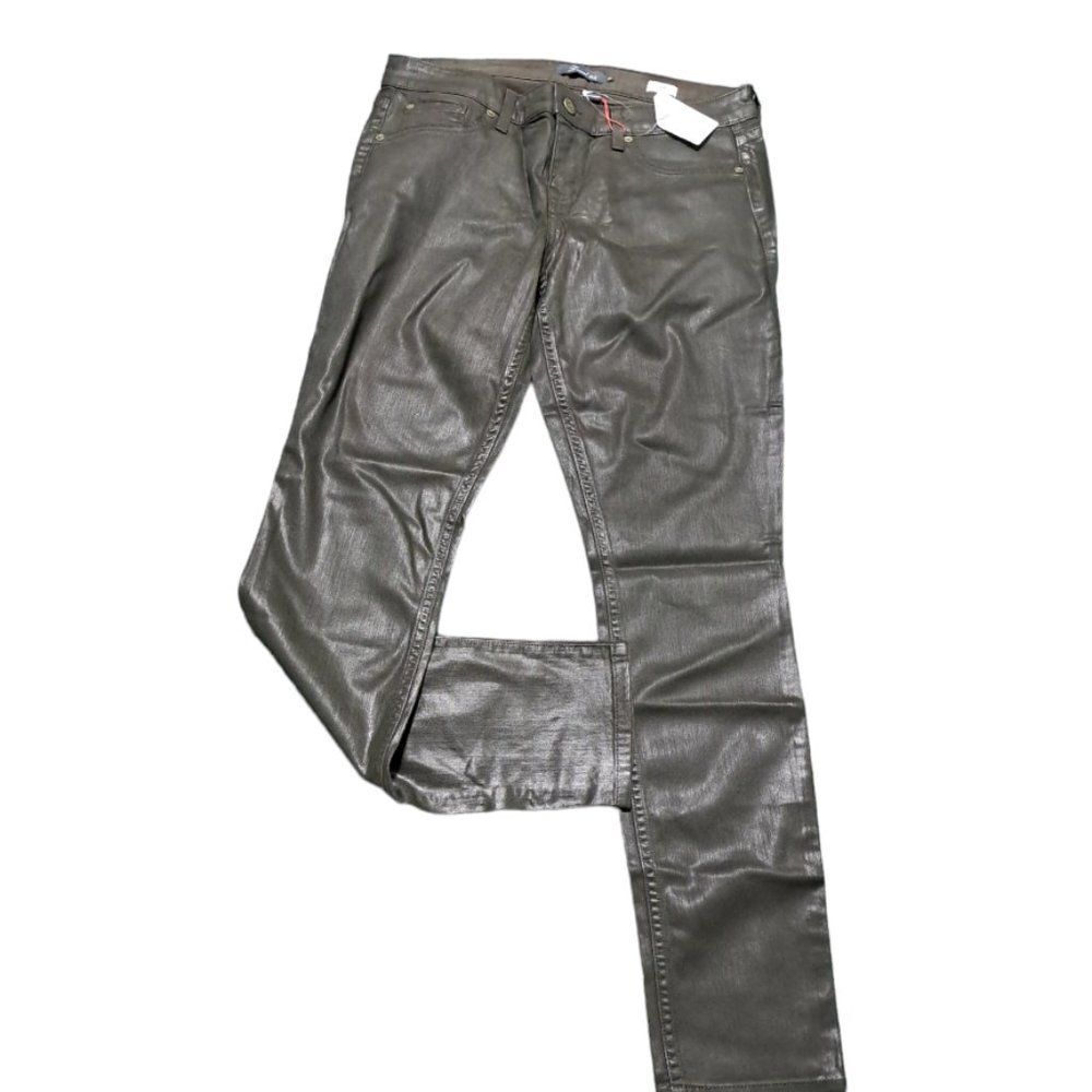 Level 99 Women's Coated Jeans Signature Skinny Dark Olive Green Mid Rise Size 29